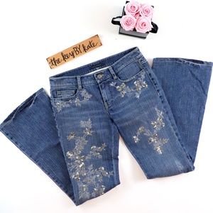 Elie Tahari Blue Boot Cut Jeans with Silver Floral Embroidery